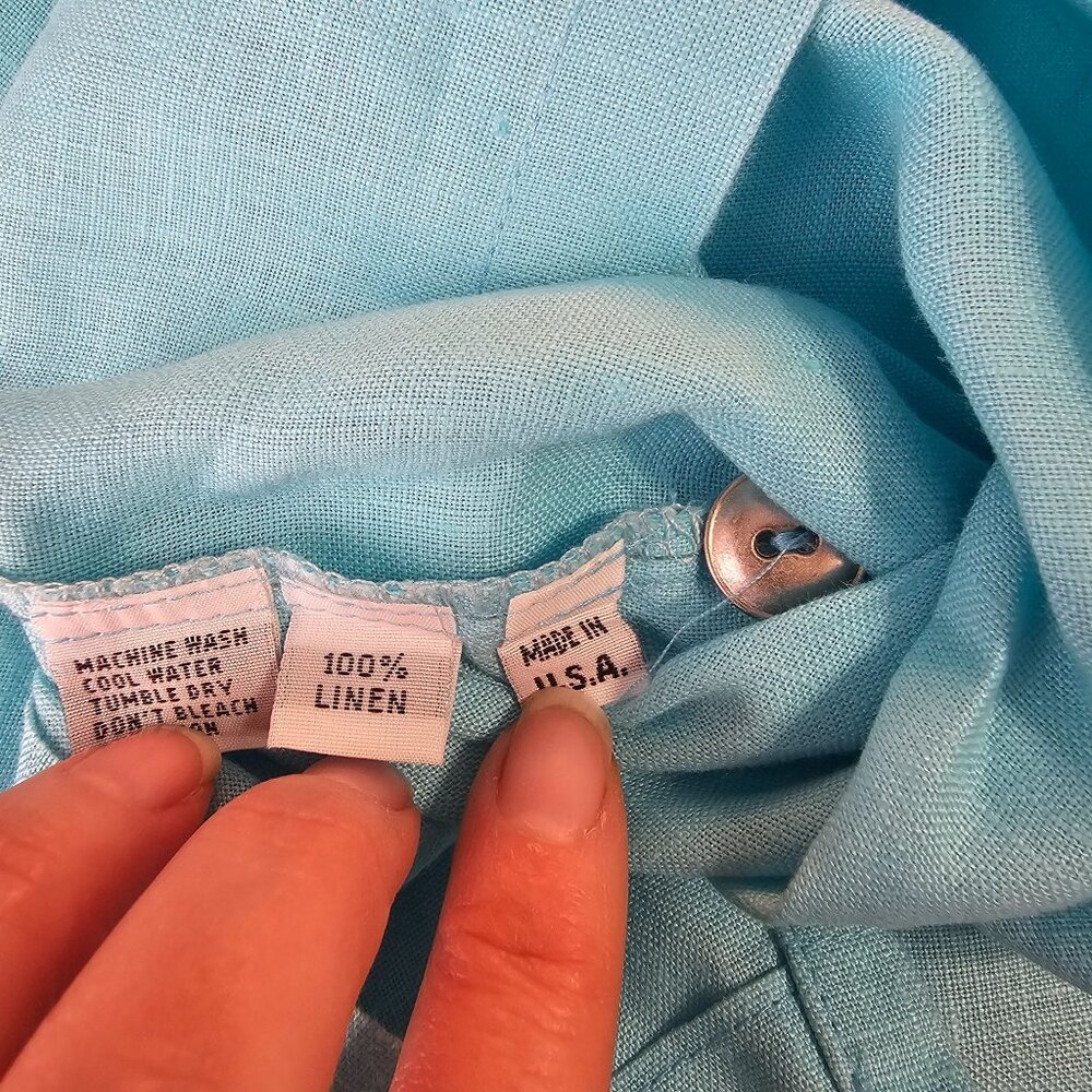 Planet By Lauren G Linen Button Up‎ Shirt OS Turquoise Relaxed Coastal Lagenlook - Picture 5 of 10